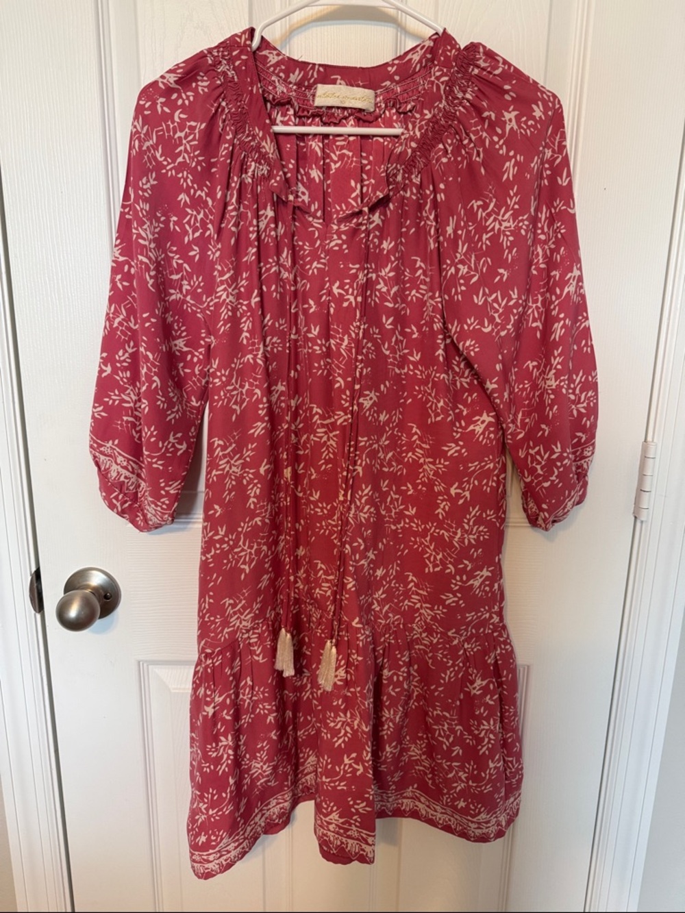 Natalie Martin XS Hot Pink Print Boho Mini Dress Tassel Tie Neck